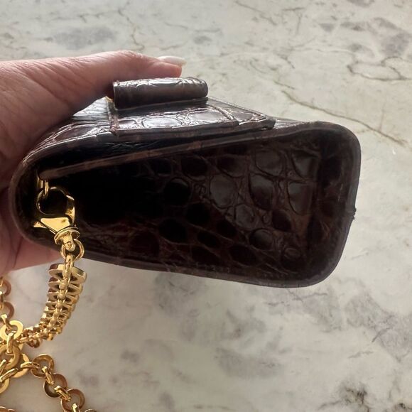 Salvatore Ferragamo Brown Croc Embossed Mini Bag with Gold Chain - Picture 8 of 12